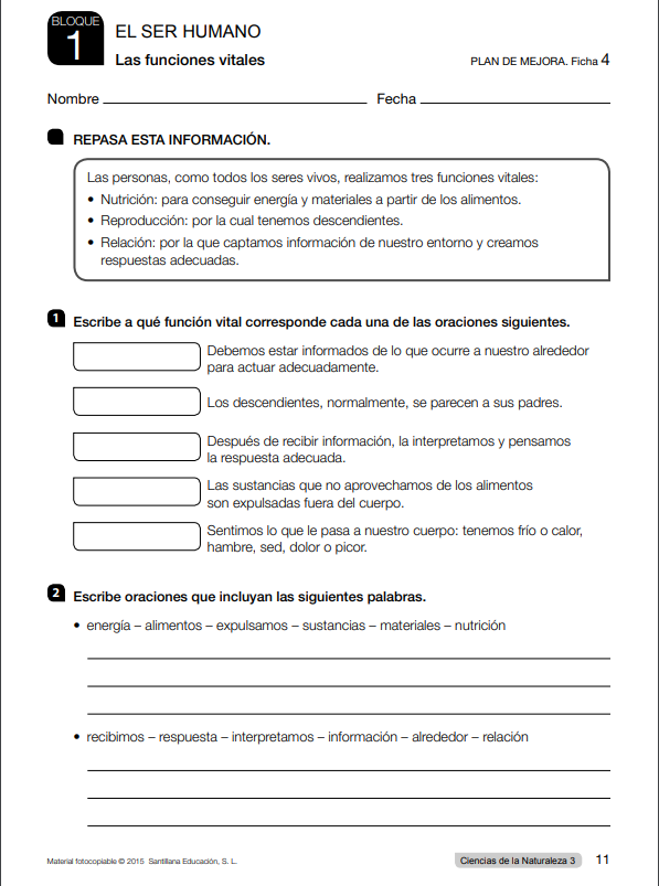 Ejercicios de Ciencias Naturales 3 Primaria Santillana PDF  soluciones