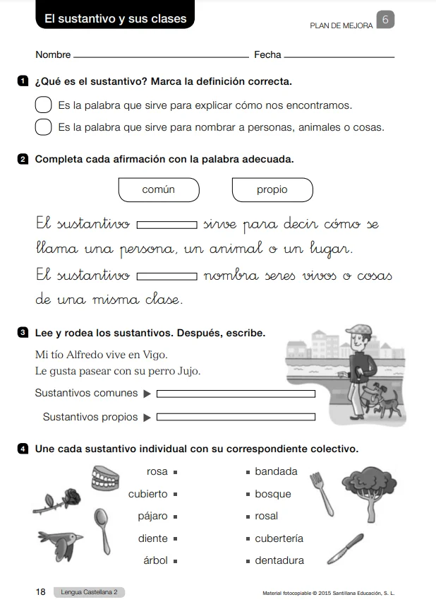 Ejercicios y sus soluciones de Lengua 2 Primaria Santillana PDF 