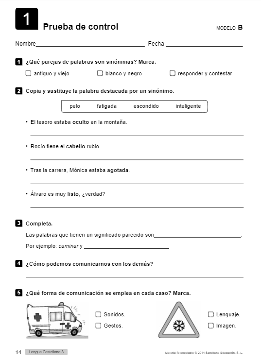 Prueba de Control Lengua 3 Primaria Santillana PDF